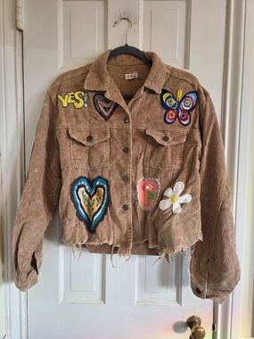 POL Corduroy Patchwork Jacket - Tan Embellished